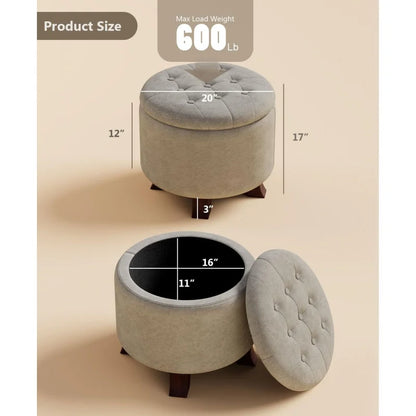 Round footstool, upholstered with storage, taupe and black.