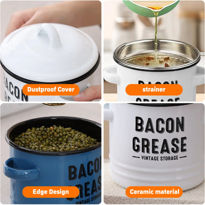 46 Oz Grease Container with Filter, Scraper, Strainer & Silicone Spatula, Dishwasher Safe