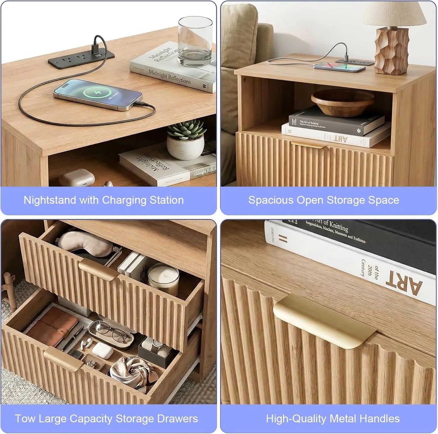 Nightstand with Charging Station, Fluted Bedside Table with 2 Storage Drawers & Open Shelf