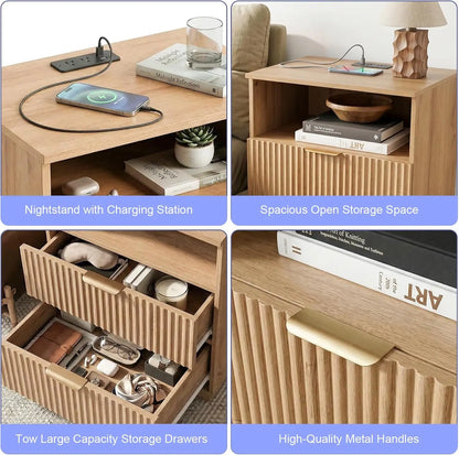 Nightstand with Charging Station, Fluted Bedside Table with 2 Storage Drawers & Open Shelf
