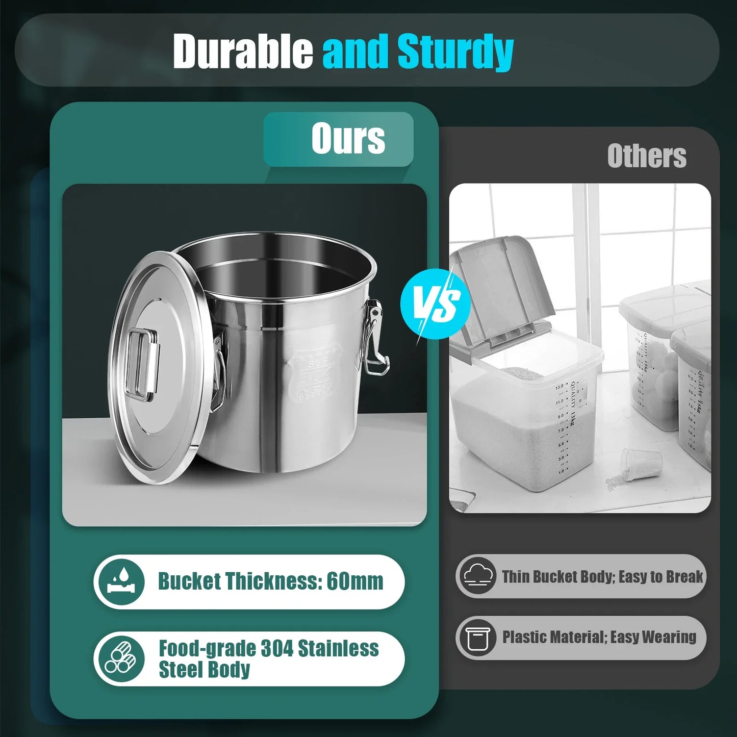 12/33L Airtight Canister 304 Stainless Steel, 3.2Gal Canisters Container w/Lids and Sturdy Locking Clamp
