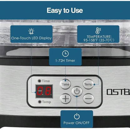 Stainless Steel Food Dehydrator with Adjustable Temperature & 72H Timer, 5-Trays