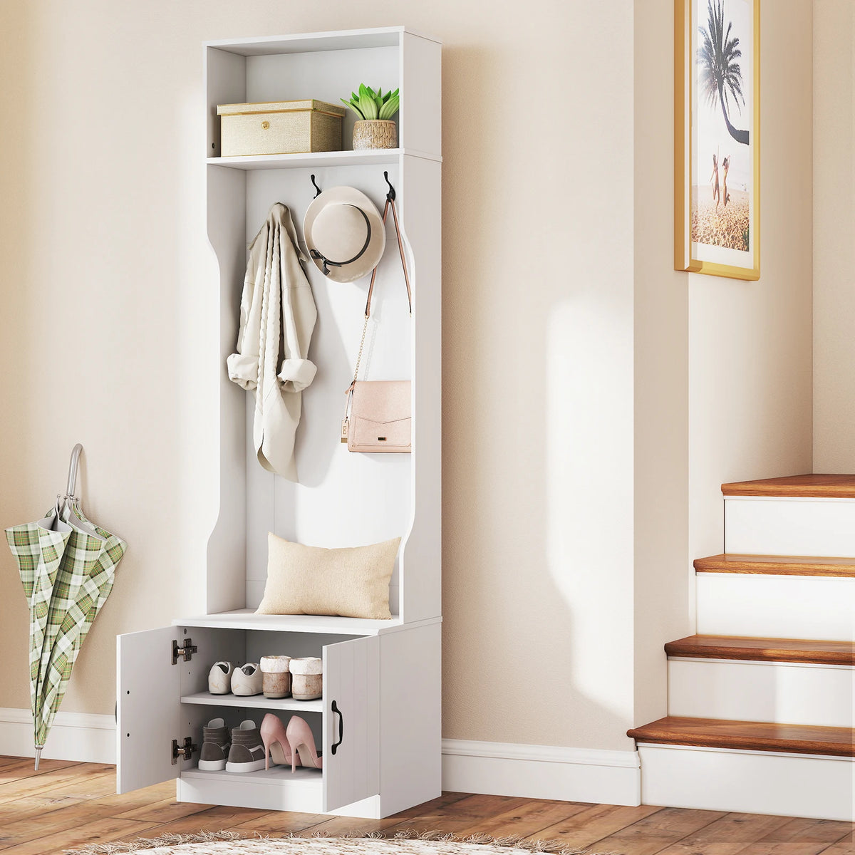 3-in-1 Hall Tree w/ Bench Storage, Adjustable Shelves with Hanging Hooks for Entryway