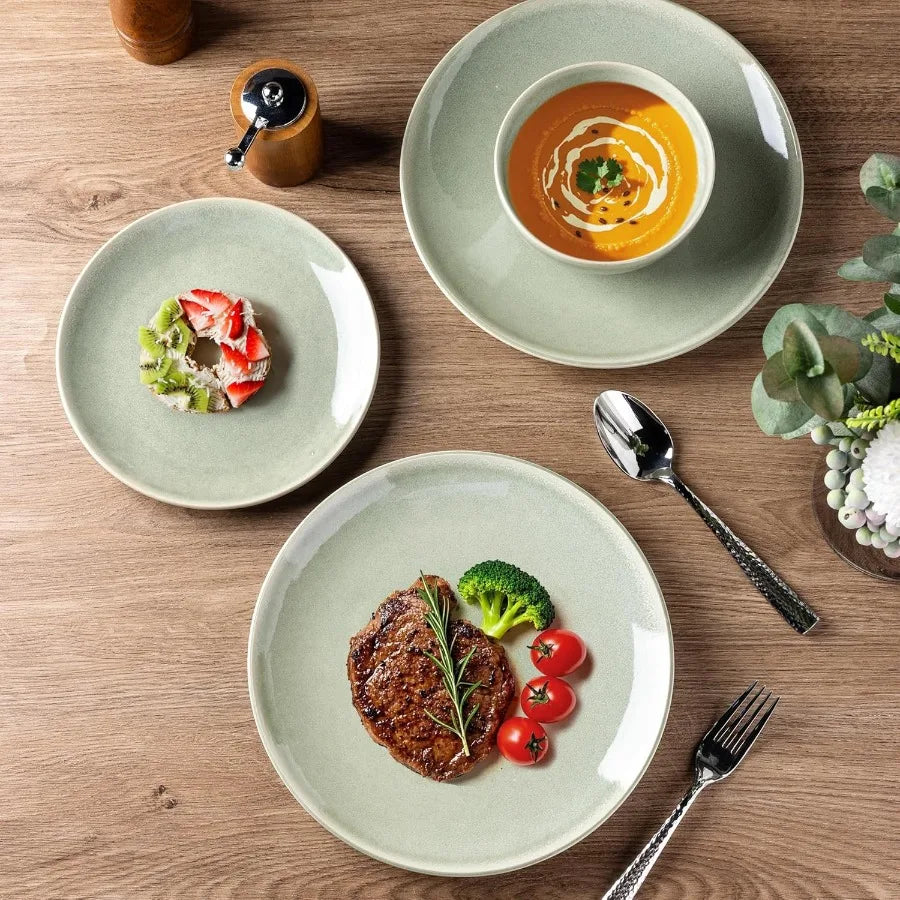 Ceramic Dinnerware Sets for 4, 12 Piece Handpainted Plates and Bowls, Scratch Resistant Stoneware Dishes