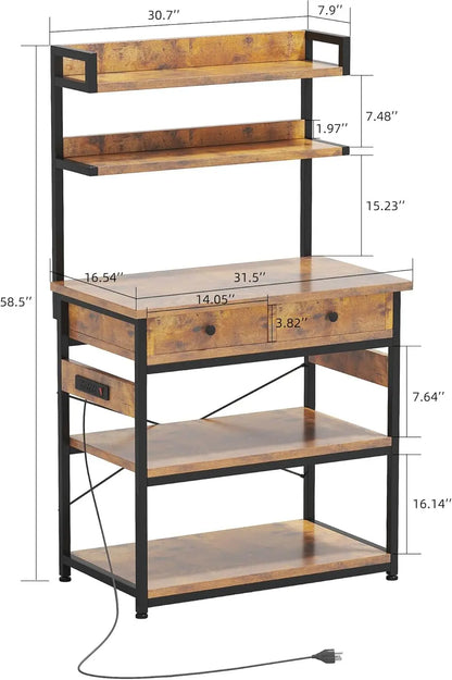 Bakers Rack with Power Outlets, 5-Tier Microwave Oven Stand with 2 Drawers,Coffee Bar Table with Storage