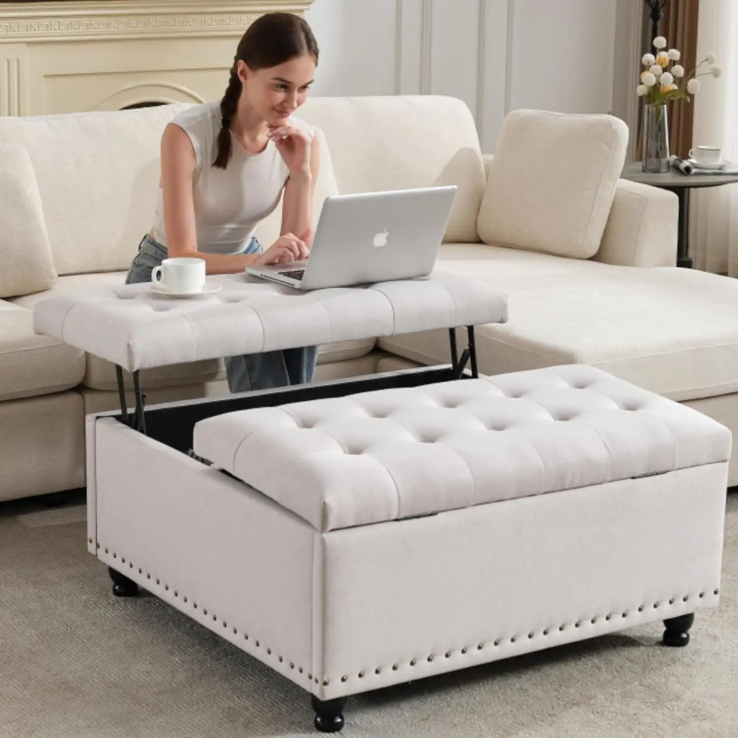 Large Square Storage Ottoman Bench, or coffee Table with Lift Top & Solid Wood Legs
