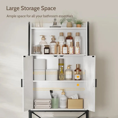 Over The Toilet Storage Cabinet with Rattan Doors, Adjustable Shelf, Metal Frame