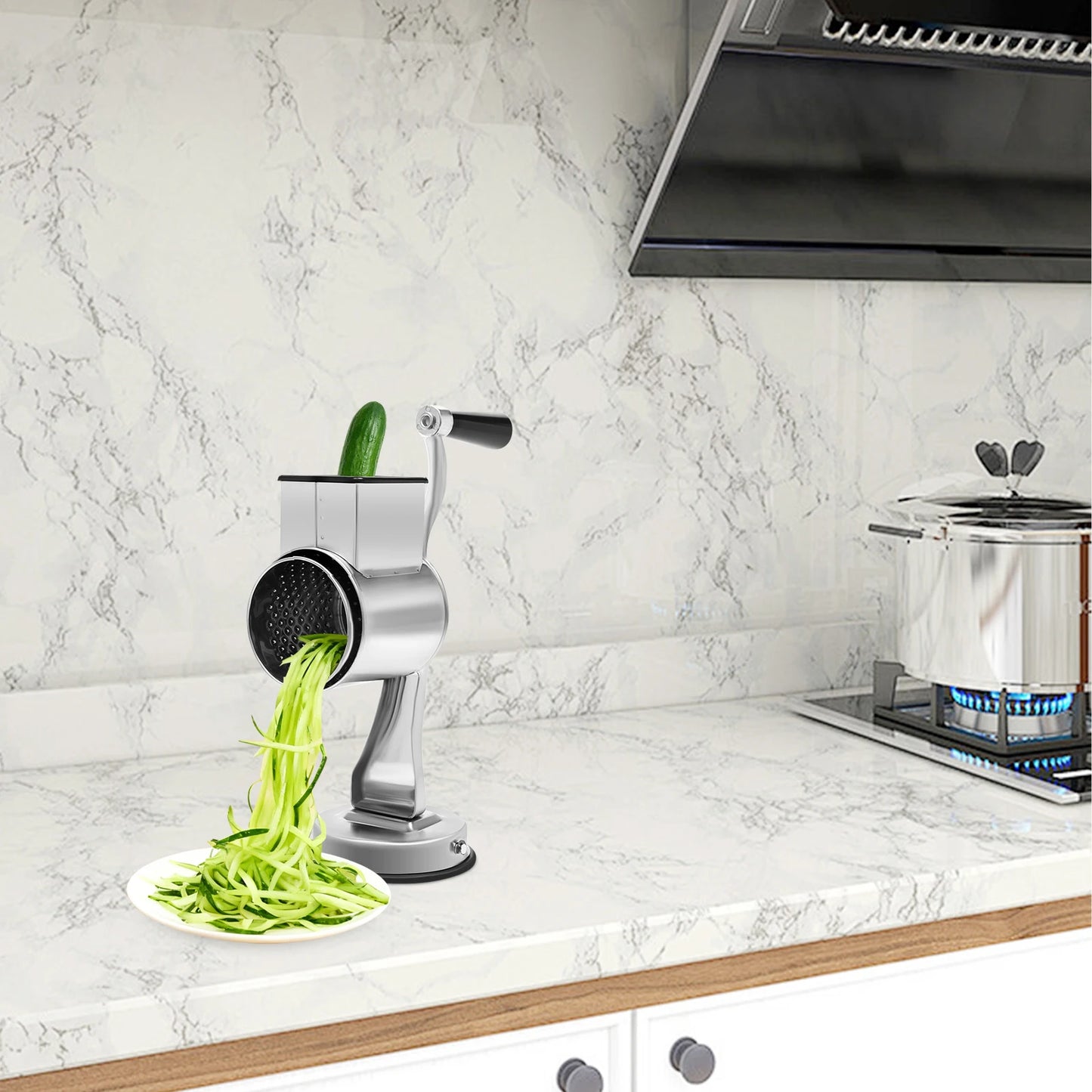 Rotary Grater, Stainless Steel Slicer with 5 Blades & Suction Cup Base