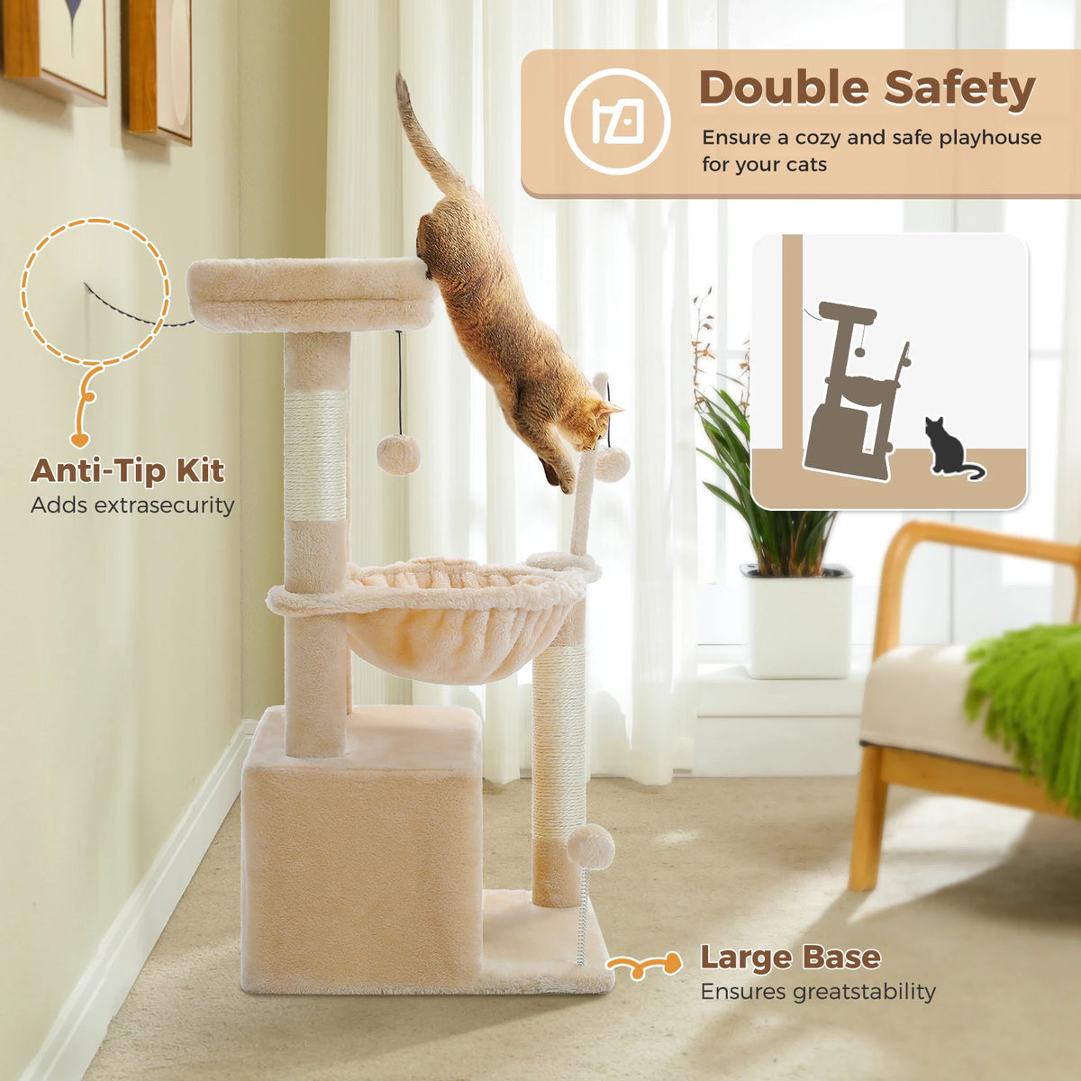 4-in-1 Cat Tree with Large Cat Condo, Sisal Scratching Post, Deep Hammock, Cozy Top Perch