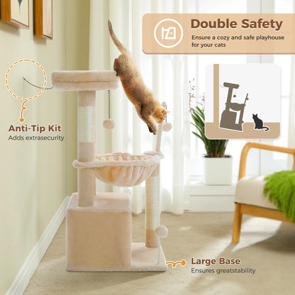 4-in-1 Cat Tree with Large Cat Condo, Sisal Scratching Post, Deep Hammock, Cozy Top Perch