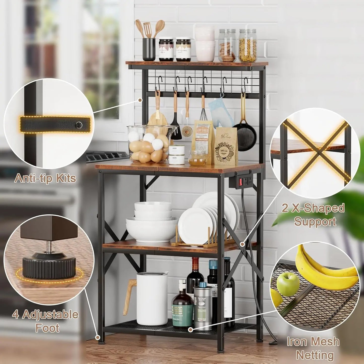 Kitchen Bakers Rack with Power Outlet, Microwave Oven Stand with Storage 4 Tiers