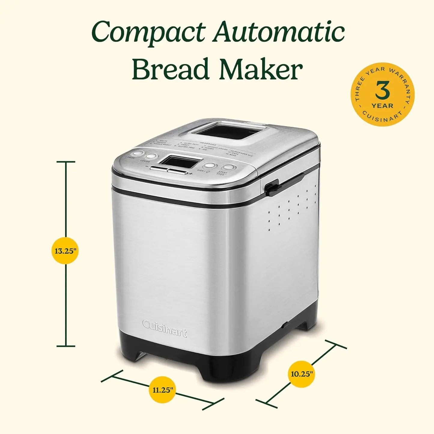 Automatic Stainless Steel Bread Machine with 12 Menus, 3 Loaf Sizes up to 2 Lb., and Removable Nonstick Pan