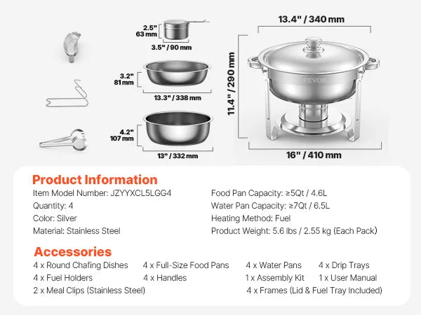 4 Pack Chafing Dish Buffet Set, Stainless Steel w/4 Full Size Round Pans