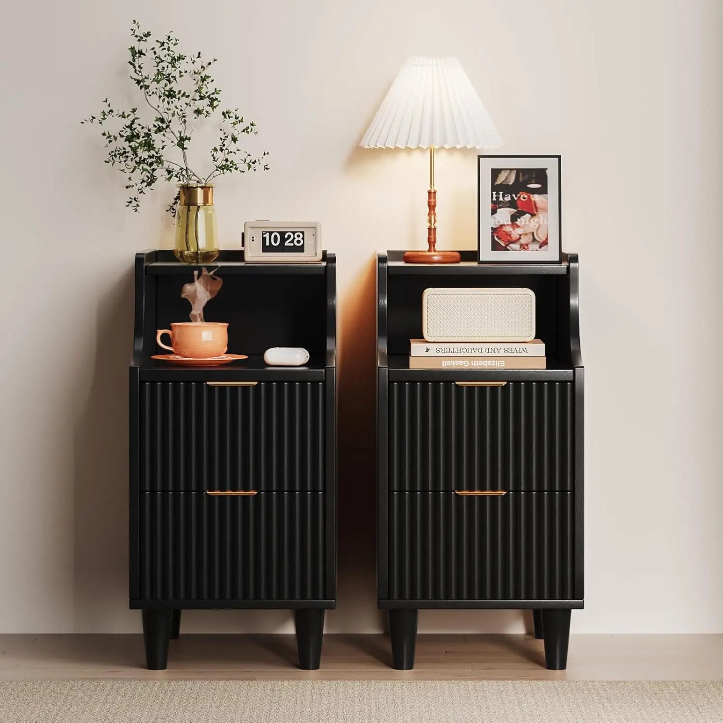 Narrow Nightstand Set of 2,11.8" Fluted with Slim Side 2 Drawers
