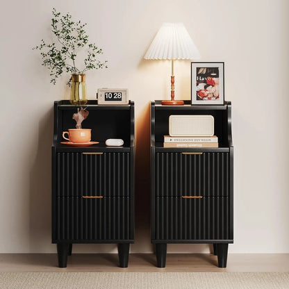 Narrow Nightstand Set of 2,11.8" Fluted with Slim Side 2 Drawers
