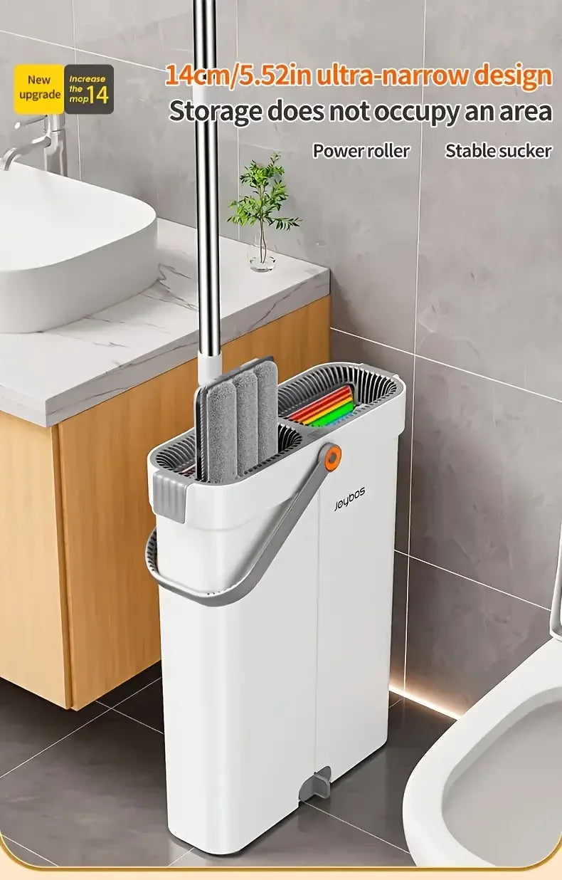 Ultra-Slim Flat Mop and Bucket System, Hands-Free Wash & Dry Set with 2 Microfiber Pads, 360° Swivel Mop with Squeegee Edge for Hardwood Tile Laminate