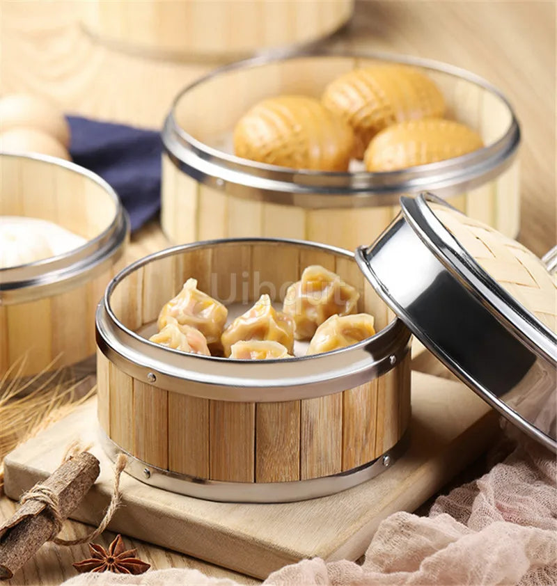 Bamboo Food Steamer basket with Stainless Steel Banding
