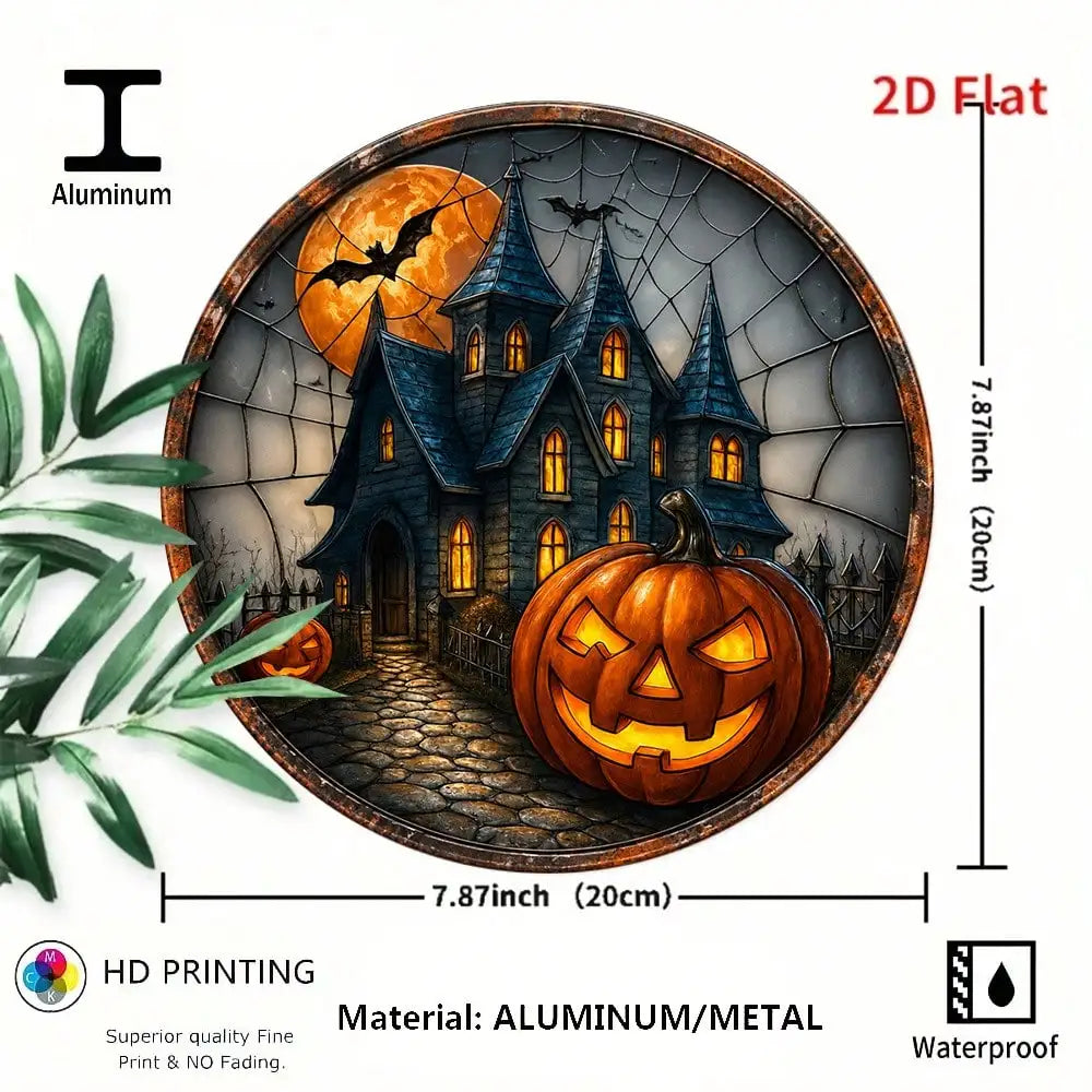2D,8inch,Halloween Pumpkin, Haunted House, And Bat Patterned Metal Aluminum Sign Circular