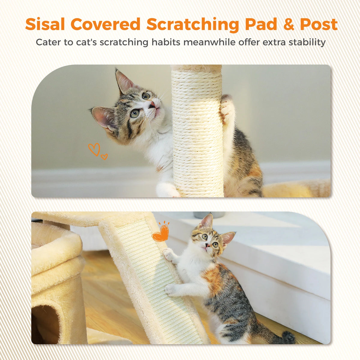 Small Cat Tree for Indoor Cat, Tower with Sisal Scratching Post and Pad, Wide Top Perch
