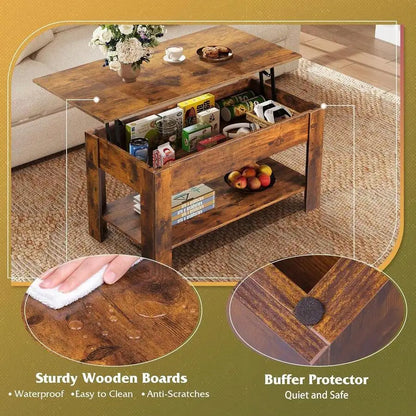 39 Inch Lift Top Coffee Table With Hidden Storage Compartment & Open Shelf, Rustic Wood Coffee Table With Storage