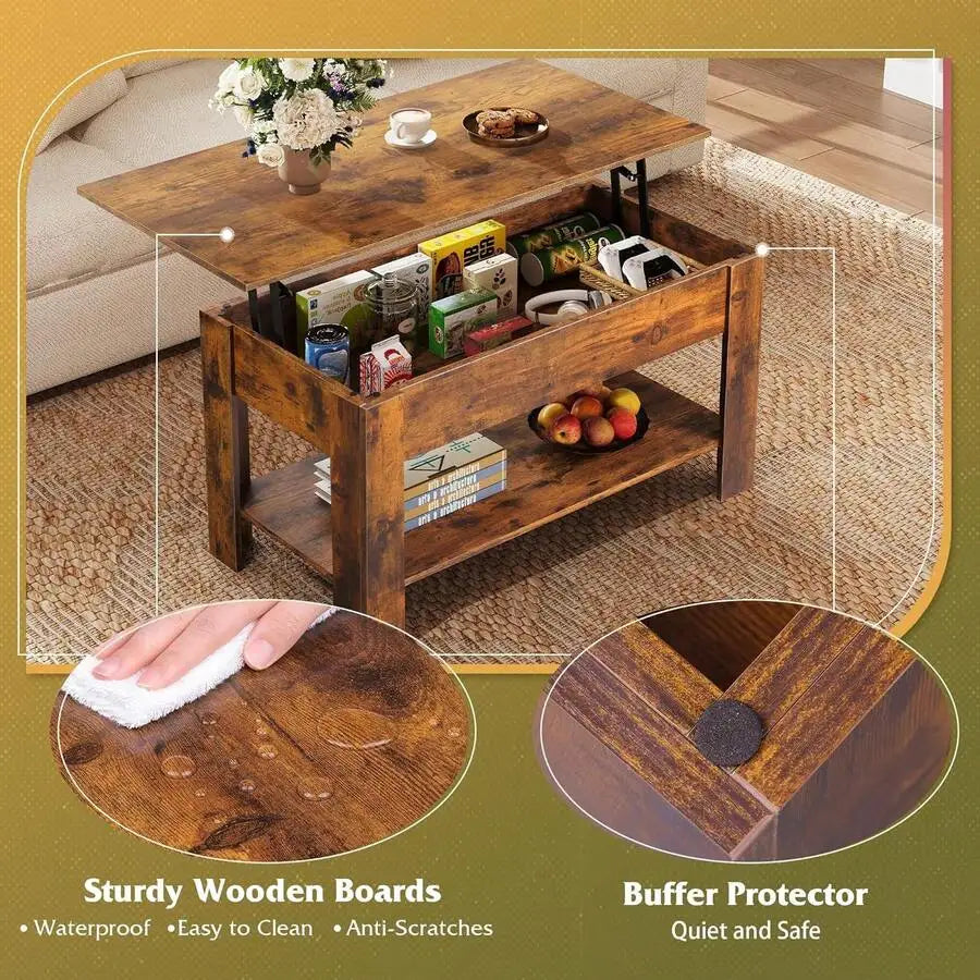 39 Inch Lift Top Coffee Table With Hidden Storage Compartment & Open Shelf, Rustic Wood Coffee Table With Storage
