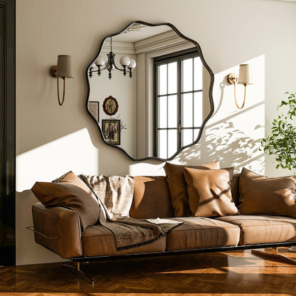 Decorative Wavy Round Bathroom Mirror with Deep Frame