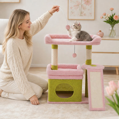 Small Cat Tree for Indoor Cat, Tower with Sisal Scratching Post and Pad, Wide Top Perch
