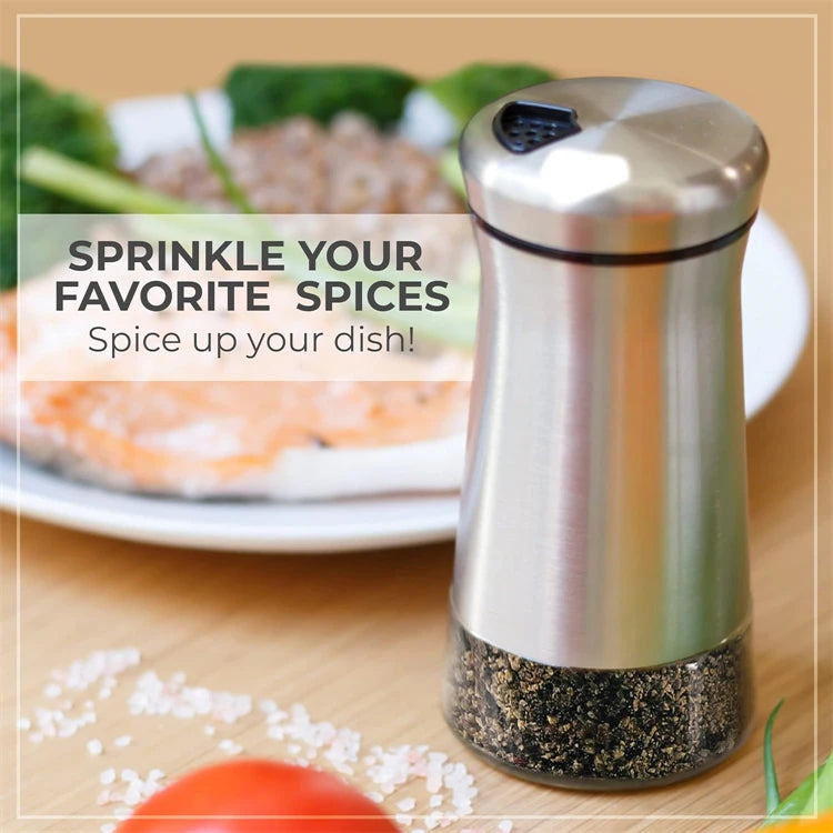 Glass Salt/Pepper Shakers, Stainless Steel Spice Dispenser with Adjustable Pour Holes, Kitchen Items