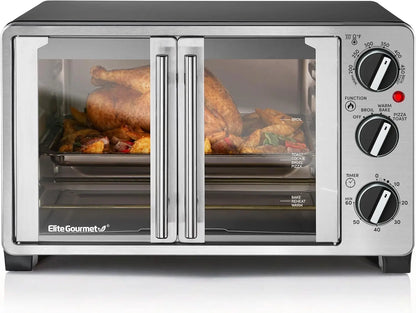 Double French Door Toaster Oven with 25L Capacity, Bakes, Broils, Toasts, Keeps Warm, Fits 12" Pizza in Stainless Steel & Black