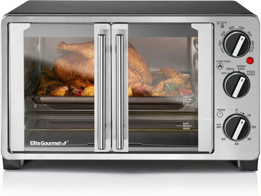 Double French Door Toaster Oven with 25L Capacity, Bakes, Broils, Toasts, Keeps Warm, Fits 12" Pizza in Stainless Steel & Black
