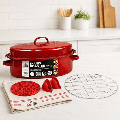 16 Inch Roasting Pan with Lid-Enamel Carbon Steel-Excellent Heat Distribution and Non-stick