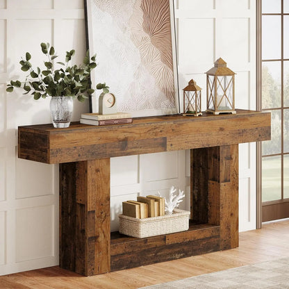 63" Console Table, Farmhouse 2-Tier Entryway Table with U-Shaped Base, Narrow Long Wood Sofa Table, Behind Couch Table