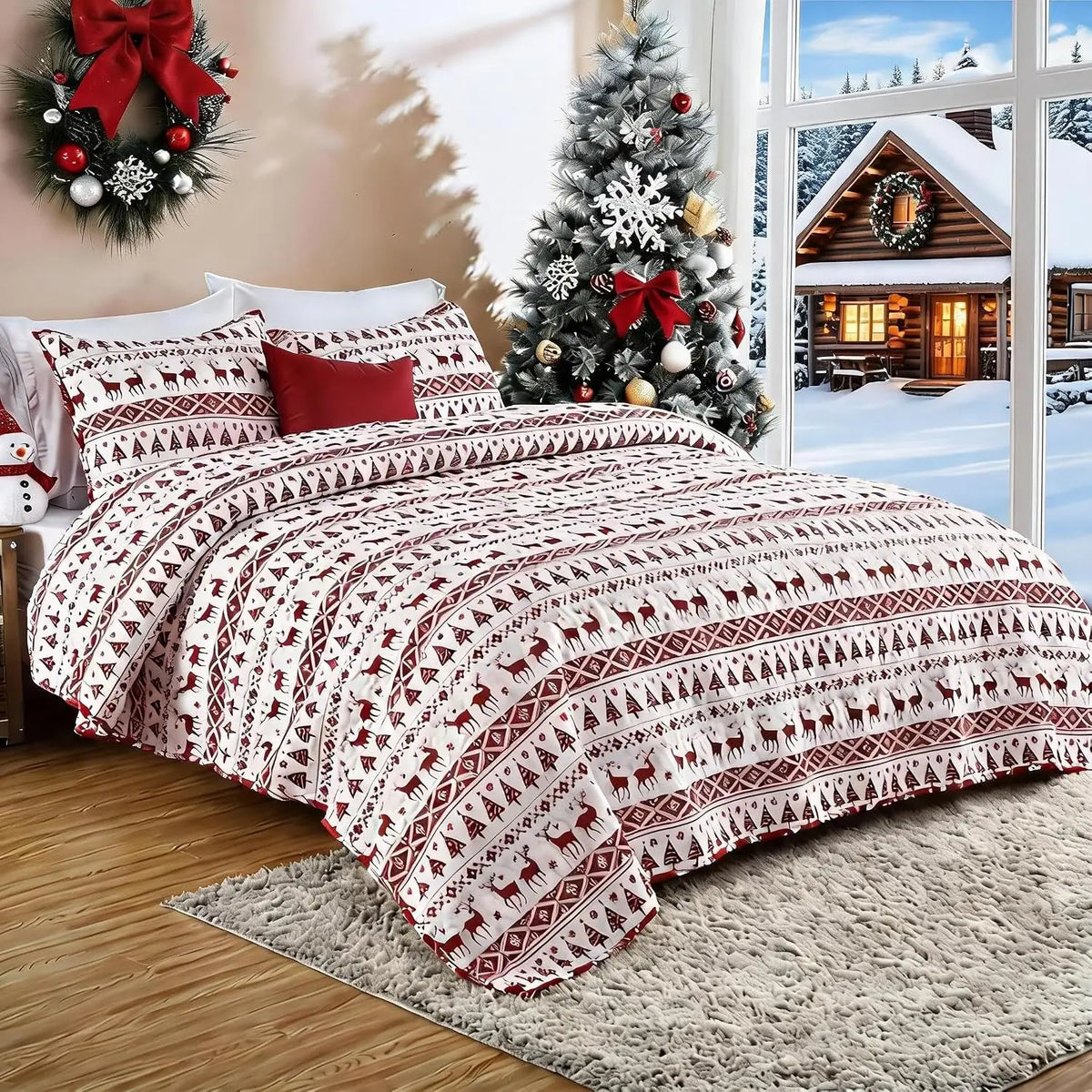 3PCS Christmas Quilt Set King/Queen Size Quilt Set, Winter Blanket, Soft Warm Snowflake Fleece