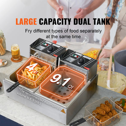 12L Electric Counter Top Deep Fryer w/Dual Removable Tanks -Commercial for Chicken French Fries Frying Chips