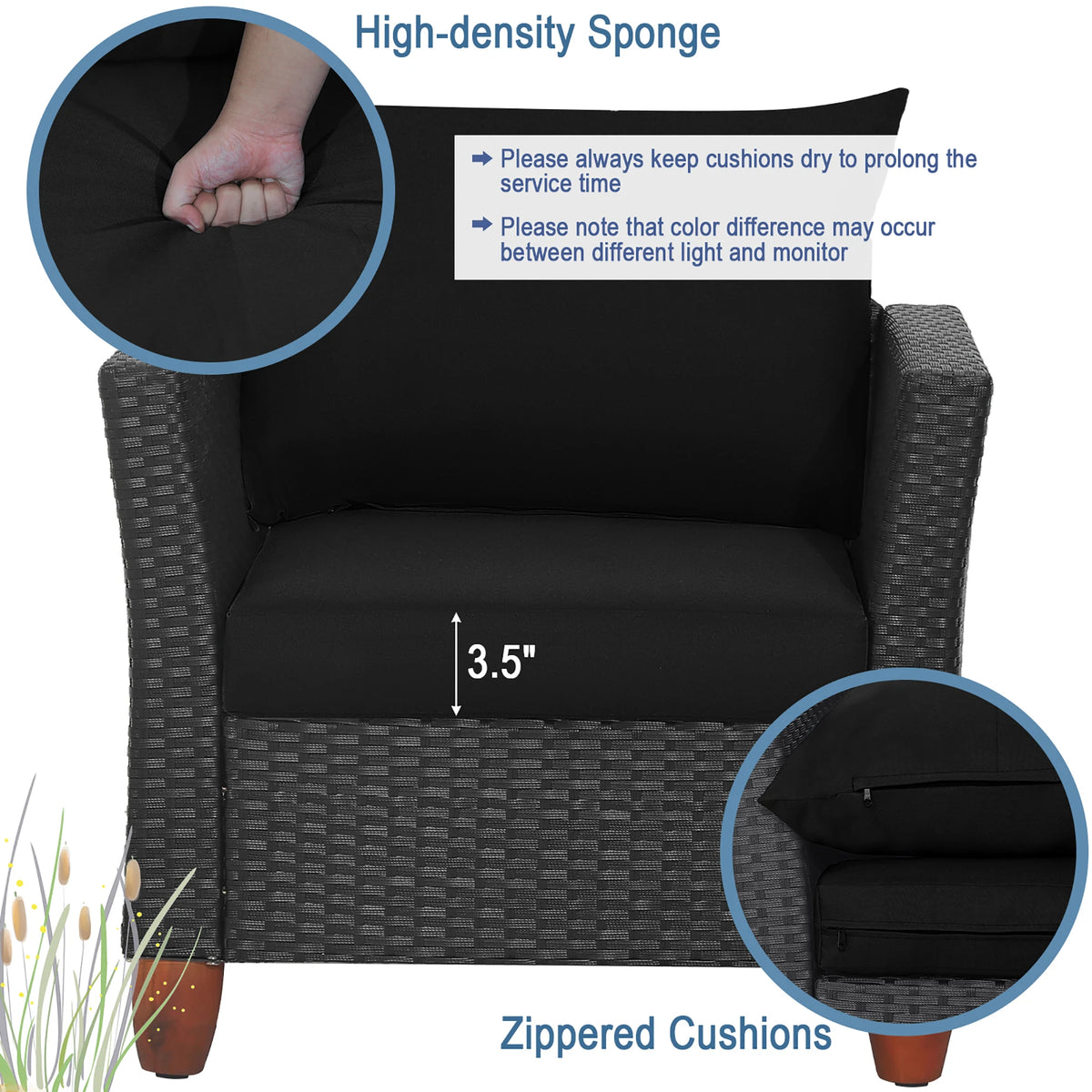 3PCS Patio Rattan Furniture Set, Cushioned Sofa, Storage Table with Wood Top, Black