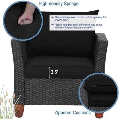 3PCS Patio Rattan Furniture Set, Cushioned Sofa, Storage Table with Wood Top, Black