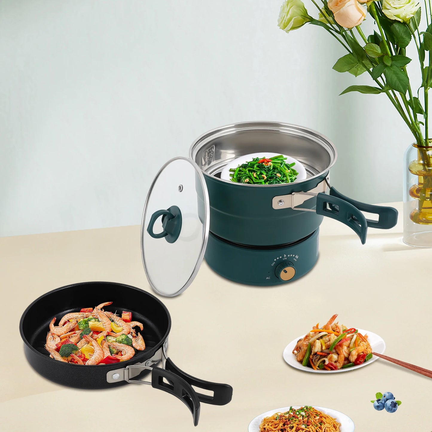Portable Mini Electric Hot Pot w/Foldable Handles and Power Adjustment
