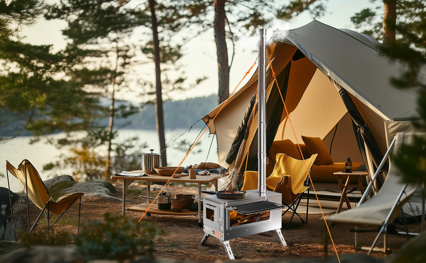 Hot Tent  Wood Burning Stove, Portable with 6 Stainless Chimney Pipes for Outdoor Heating & Cooking