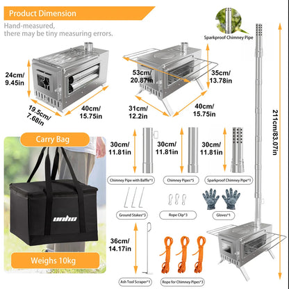Hot Tent  Wood Burning Stove, Portable with 6 Stainless Chimney Pipes for Outdoor Heating & Cooking