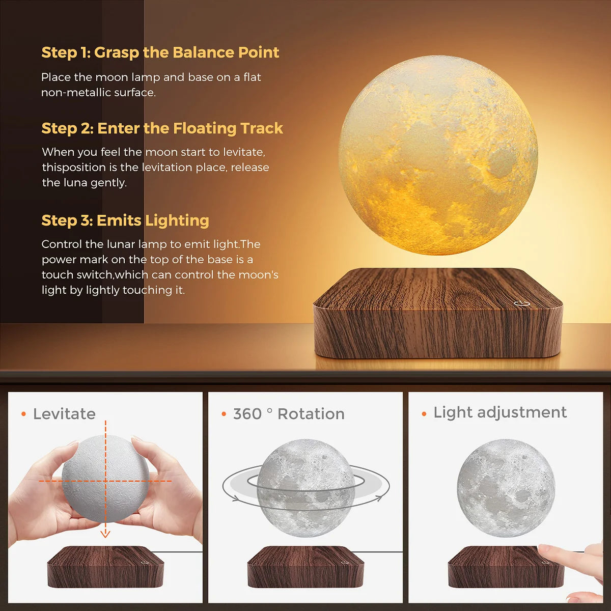 3 Color LED Magnetic Floating Rotating Moon Lamp with Wooden Base