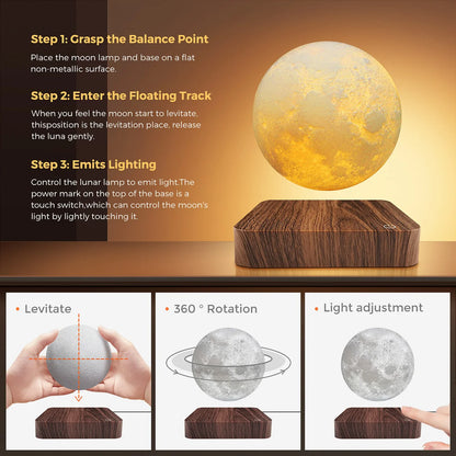 3 Color LED Magnetic Floating Rotating Moon Lamp with Wooden Base