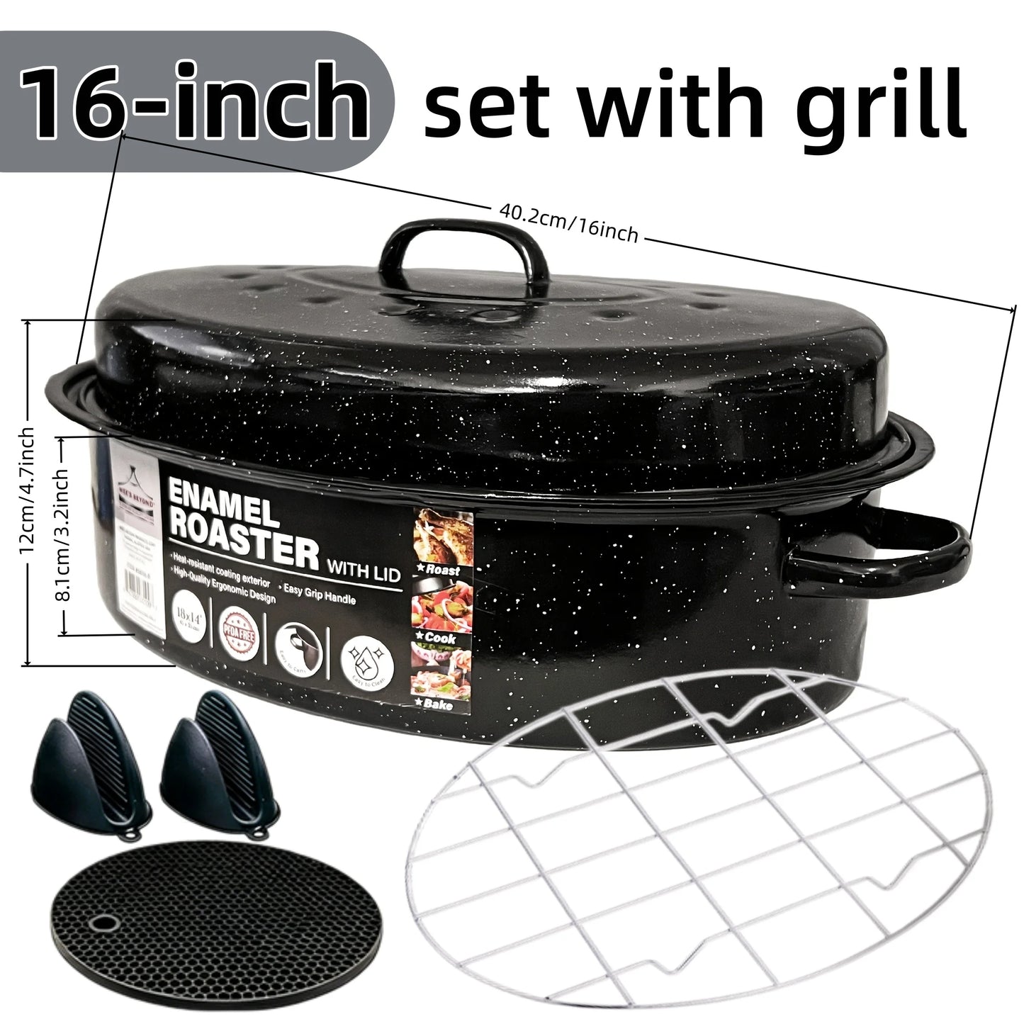 16 Inch Roasting Pan with Lid-Enamel Carbon Steel-Excellent Heat Distribution and Non-stick