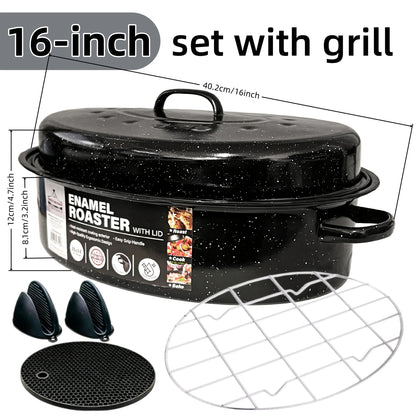 16 Inch Roasting Pan with Lid-Enamel Carbon Steel-Excellent Heat Distribution and Non-stick