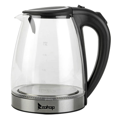 110V 1200W 1.8L Electric Glass Kettle, US Plug, Borosilicate Glass, Blue LED Auto Shut Off 360 Rotation Base