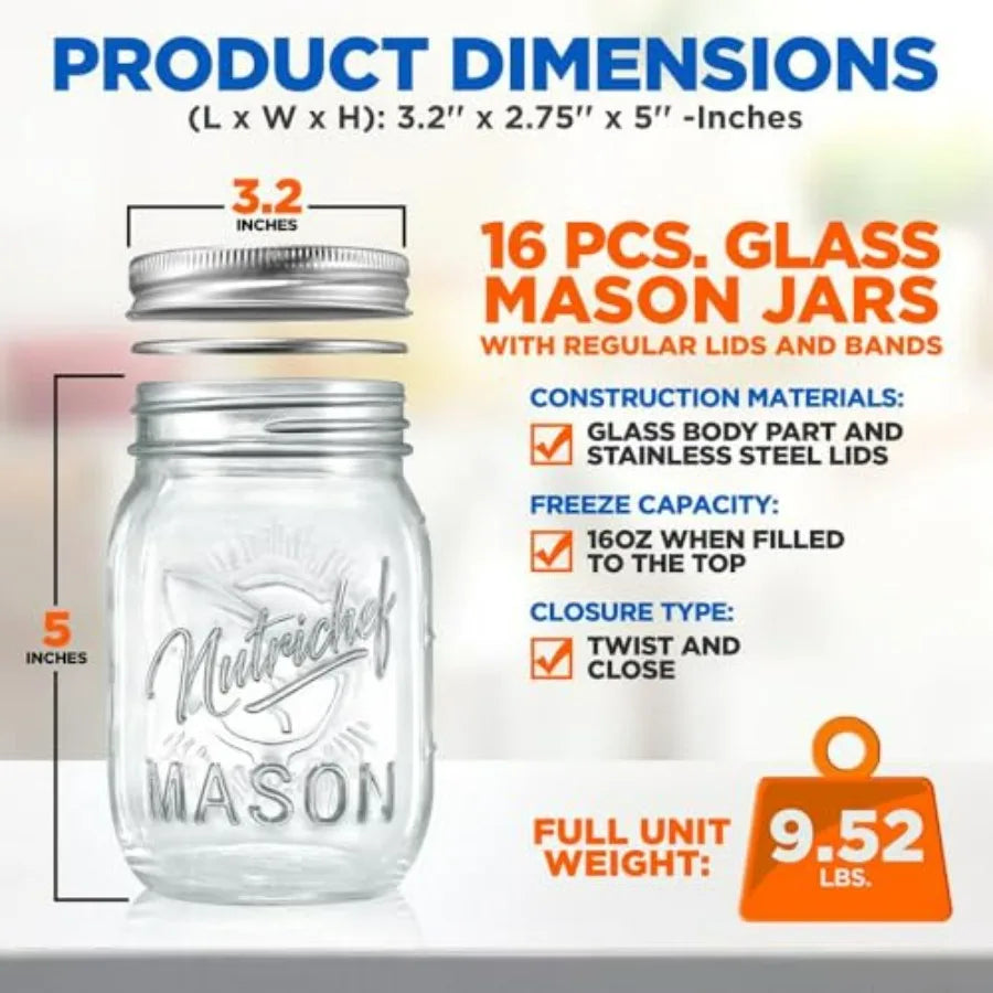 16-Pack 16 oz Mason Jars with Lids- Ideal for DIY Spices, Meal Prep