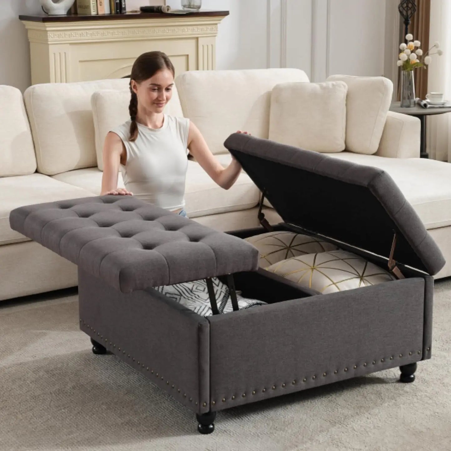 Large Square Storage Ottoman Bench, or coffee Table with Lift Top & Solid Wood Legs