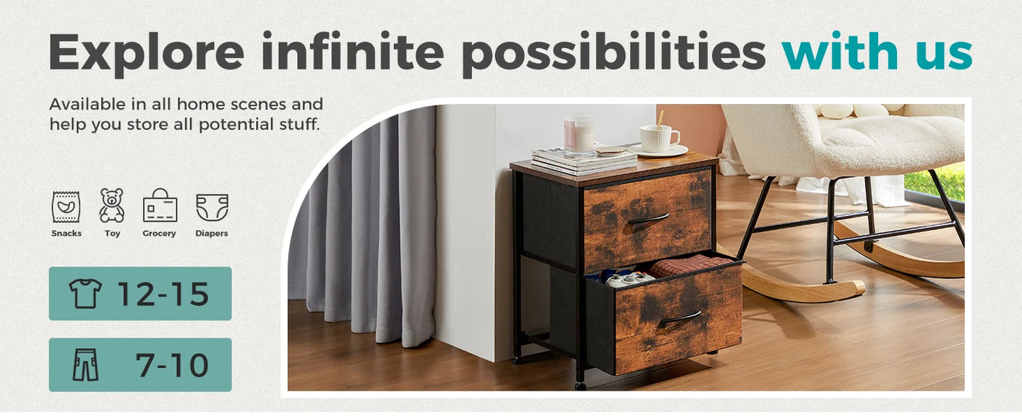 Nightstand, Table Storage For Bedroom 2 Fabric Drawers