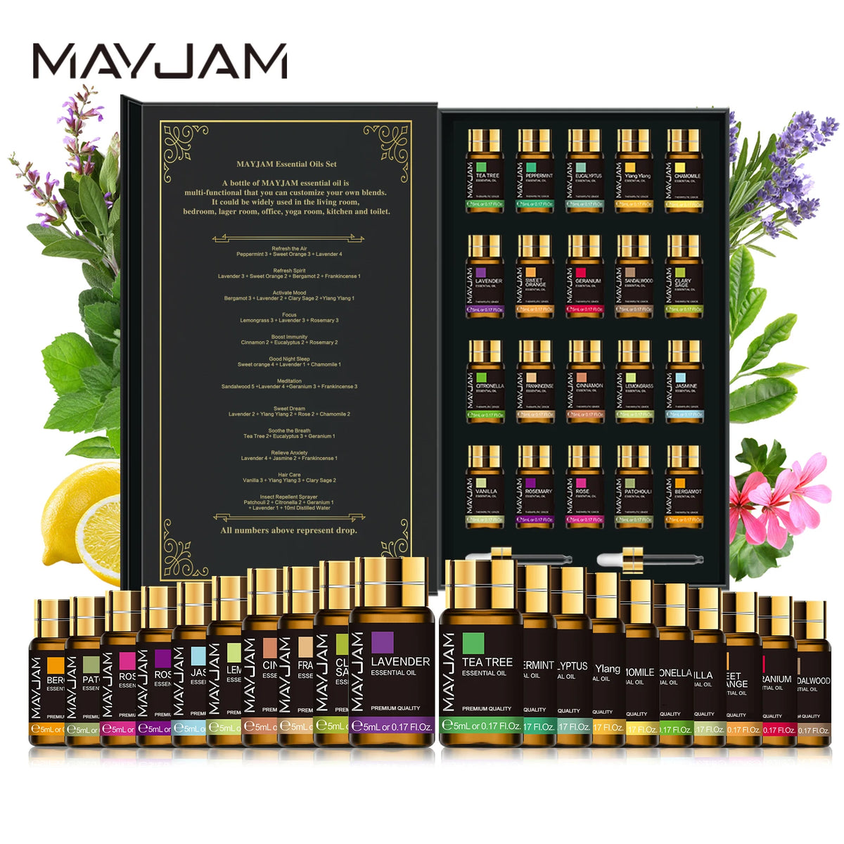 20 Bottles Essential Oils Kit Set, Lavender Jasmine Eucalyptus Vanilla Sandalwood Sweet Orange Geranium Patchouli