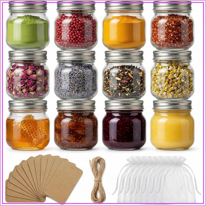12-Pack 8 oz Mason Jars with Airtight Lids, Labels & Twine