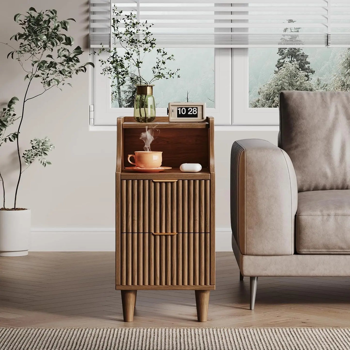 Narrow Nightstand Set of 2,11.8" Fluted with Slim Side 2 Drawers